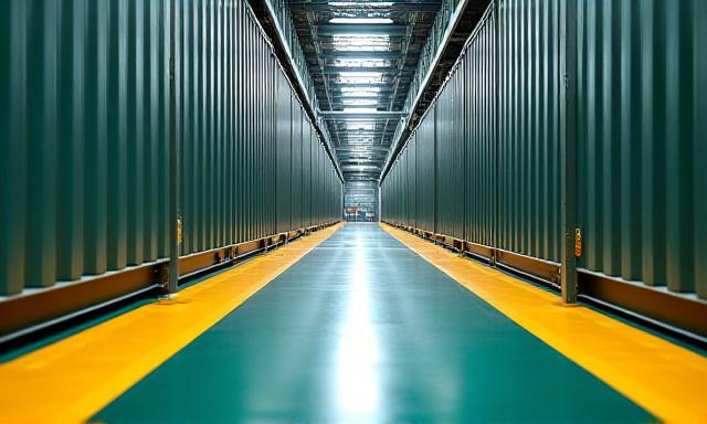Warehouse freight hub with organized shipping containers