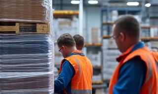 Workers consolidating shipments on pallets