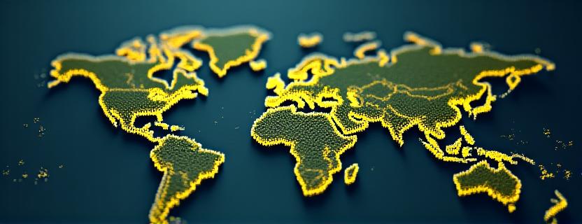 A stylized network graphic representing global logistics routes and warehouse hubs
